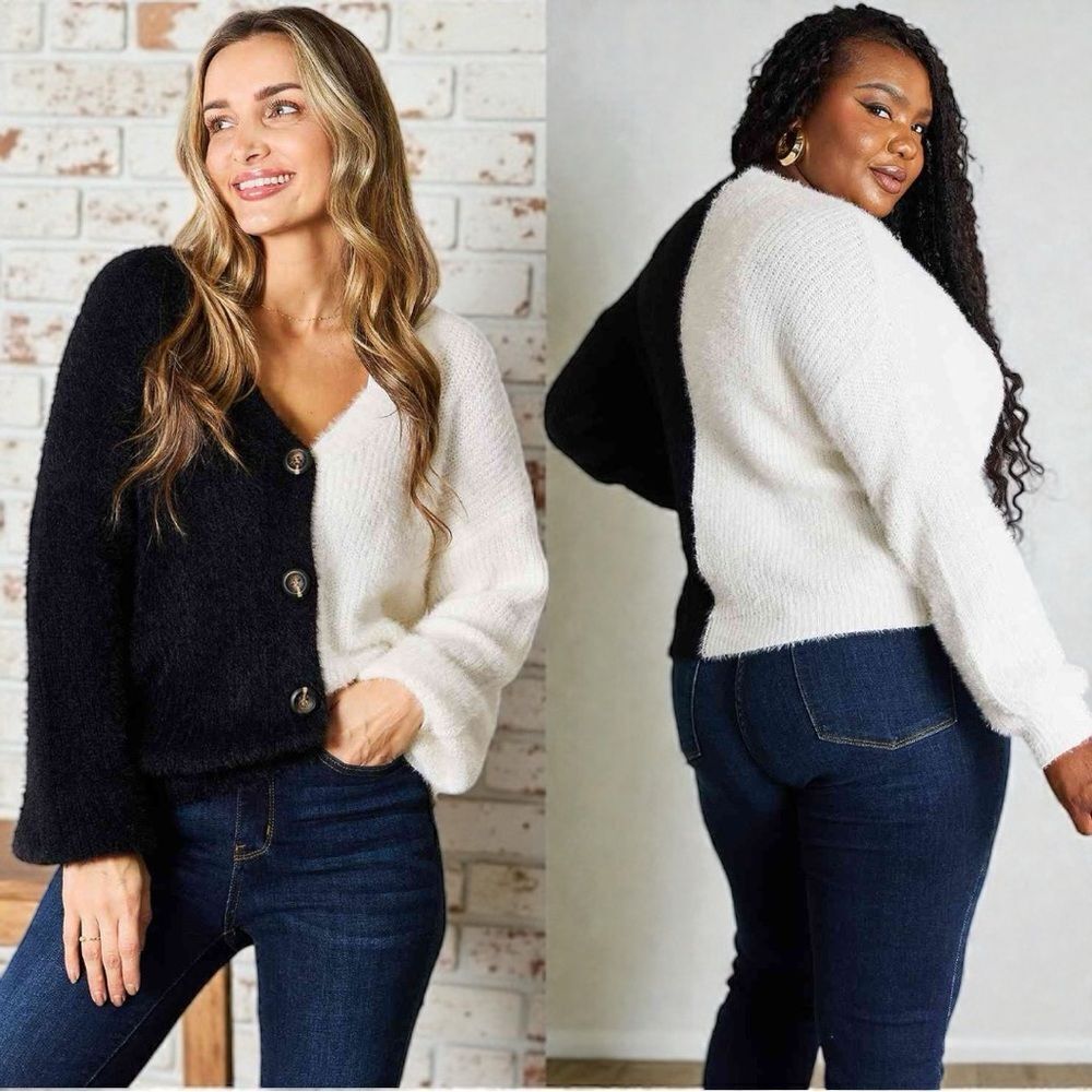 Black & White Contrast Button-Front V-Neck Cardigan NEW - Woven Right